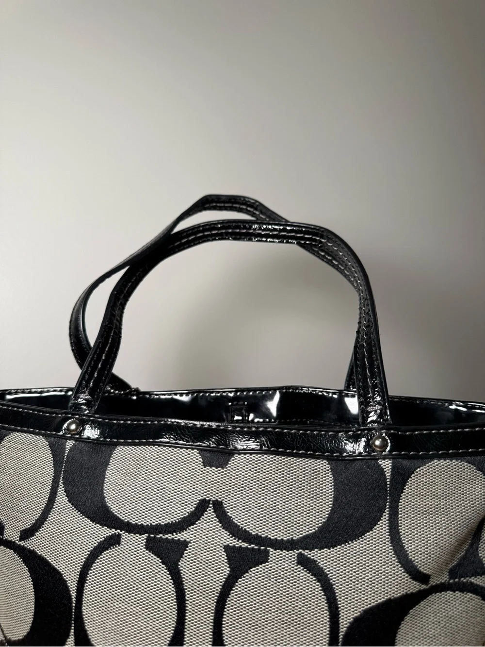 Vintage Y2K Coach Signature Stripe Small Tote Bag Black/Gray Jacquard F15112
